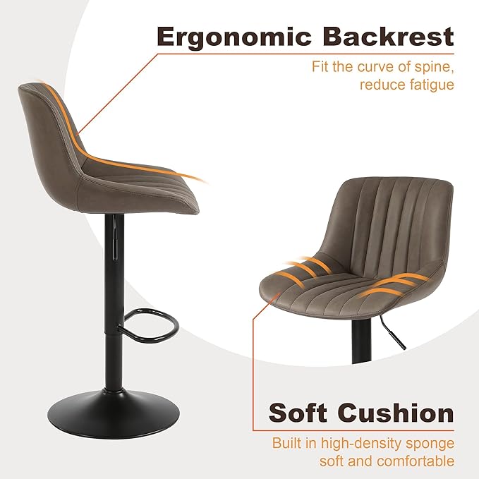 Bar Stools Set of 3, Swivel Counter Height Barstools with Back, Adjustable PU Leather Bar Chairs, Modern Armless Kitchen Island Stool, Brown-DeskLoop Office