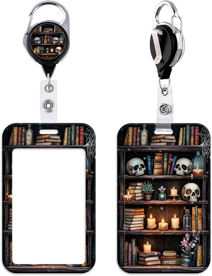 Cool Skull Bookshelf ID Badge Holder Retractable Reel ID Holder Funny Goth Reel by beemorita
