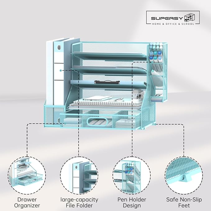 SUPEASY Desk Organizer with File Holder, 5-Tier Mesh Paper Letter Tray - Image 3