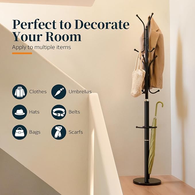 Yoobure Metal Coat Rack Freestanding with Marble Base, Coat Tree with 12 Hooks & Umbrella Holder, Coat Hanger Stand for Corner Entryway Bedroom Office, Heavy Duty Coat Rack Stand for Clothes Hats Bags-DeskLoop Office