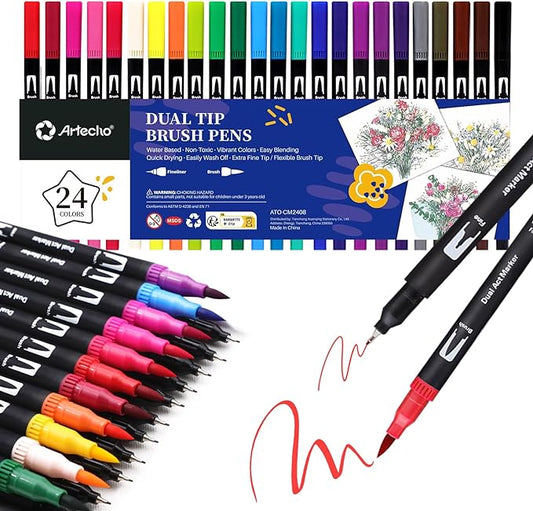 Artecho 24 Colors Markers for Adult Coloring Books, Dual Tip Markers for School by Artecho