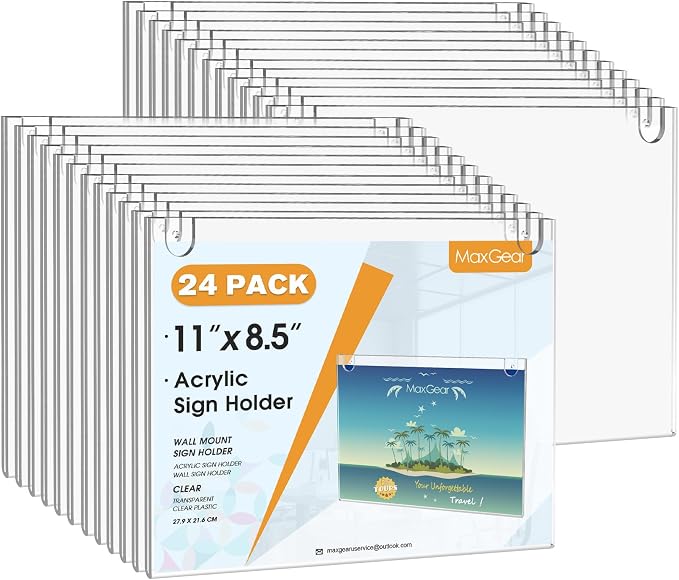 MaxGear Wall Mount Sign Holder, 8.5 x 11 Landscape, 24 Pack | Includes Adhesive by MaxGear