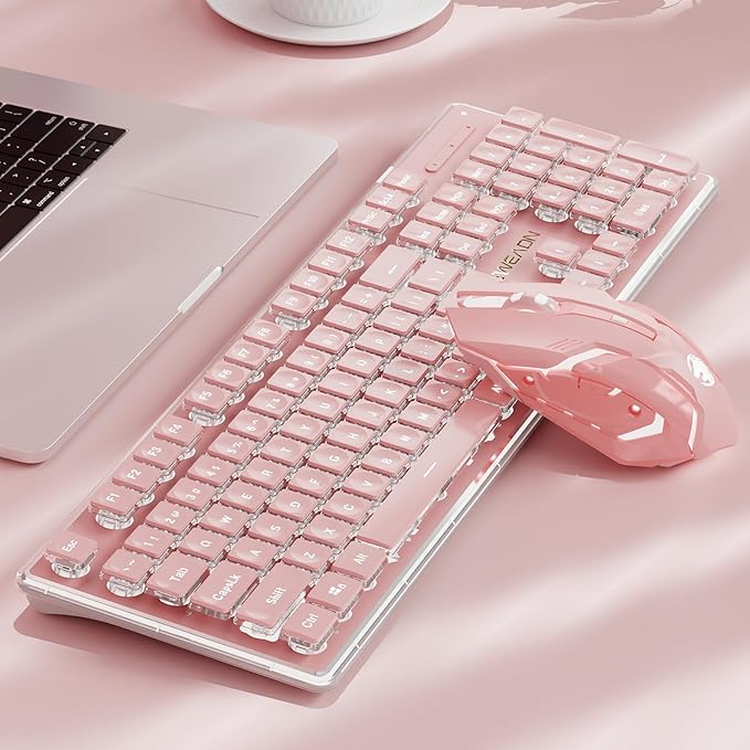 V3 Wireless Keyboard and Mouse with Single Backlit, Metal Panel, Bluetooth/2.4G Rechargeable Computer Keyboard and Mouse Combo Silent Lighted Full Size Cute Keyboards-Pink-DeskLoop Office