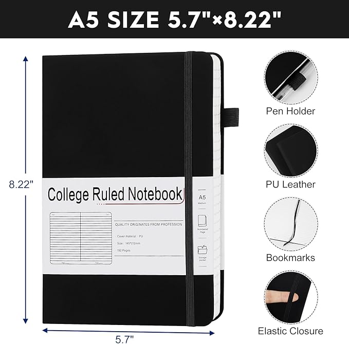 A5 Lined Journal Notebooks for Work, 192 Pages, Medium 5.7 x 8.3inch, College Ruled, Vegan Leather Hardcover Journals for Women Men,3 Pack-DeskLoop Office