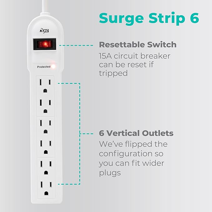 KMC 6-Outlet Surge Protector Power Strip 2-Pack, Overload Protection, 4-Foot Cord, 900 Joule - White-DeskLoop Office