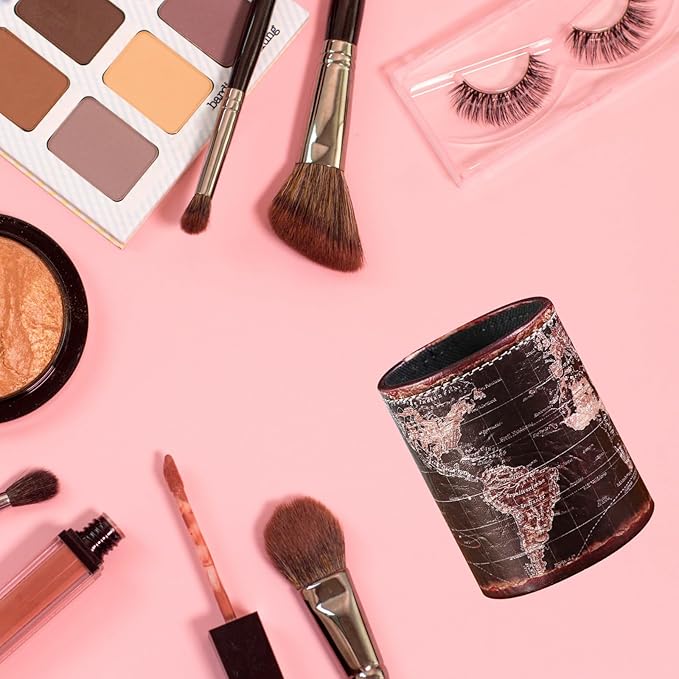 Black World Map Pencil Holder for Desk, PU leather Pencil Cup, Globe Pen Holder for Desk Office Supply Organizer PH46-DeskLoop Office