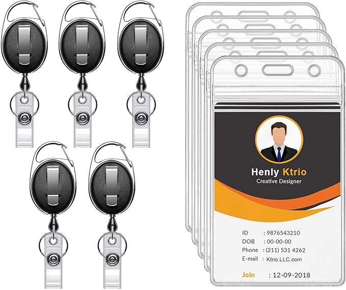 KTRIO ID Badge Holder with Retractable Reel, 5 Pack | Fits 2.5x3.4" Cards by KTRIO