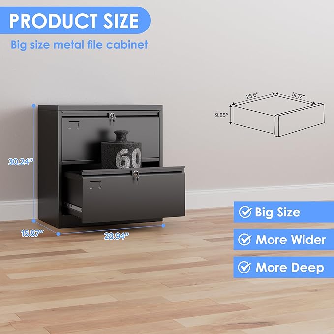 Metal 2 Drawer Lateral File Cabinet with 2 Lock - Wide Filing Cabinet for Letter/Legal/F4/A4 Hanging Files - Includes Business Card Holder,Home Office School Storage,Black-DeskLoop Office