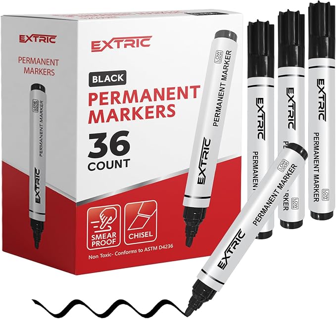 EXTRIC Black Permanent Markers, Chisel Tip, Quick Drying Ink, Works on Paper by EXTRIC