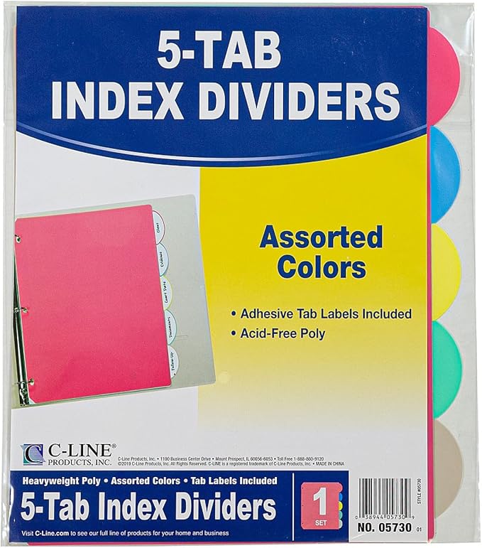 C-Line Polypropylene Binder Index Dividers, One 5-Tab Set by C-Line