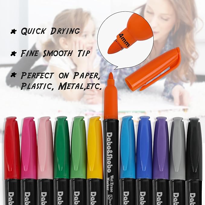 Dabo&Shobo Wet Erase Markers, 24-Count Smudge-Free Markers, 12 Colors Fine Tip, Erases With Water! Wet-Erase Low Odor Marker For Office, School And Home-DeskLoop Office