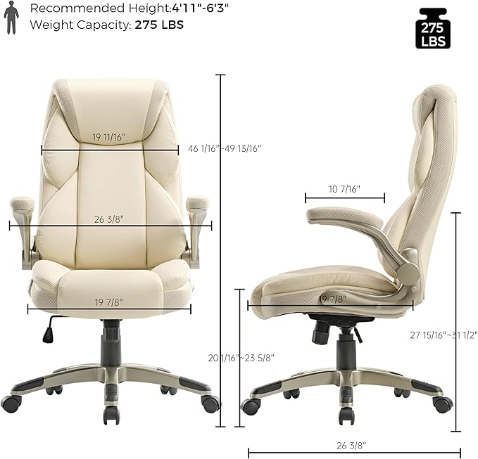 EUREKA ERGONOMIC Executive Office Chair Flip Up Arm Rest, Ergonomic Desk Chair Faux Leather Computer Chair, High Back Office Chair with Headrest, Home Office Desk Chairs with Wheels, Beige-DeskLoop Office