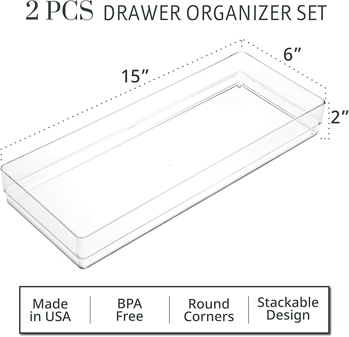 STORi SimpleSort 2-Piece Stackable Clear Drawer Organizer Set | 15" x 6" x 2" - Image 2