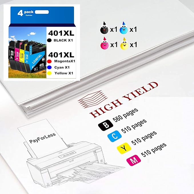 PayForLess LC401XL Ink Cartridges for Brother Printer Compatible for LC401 401 XL MFC-J1010DW MFC-J1012DW MFC-J1170DW Printer 4 Pack (1 Black, 1 Cyan, 1 Magenta, 1 Yellow) Not Original Ink Cartridge-DeskLoop Office