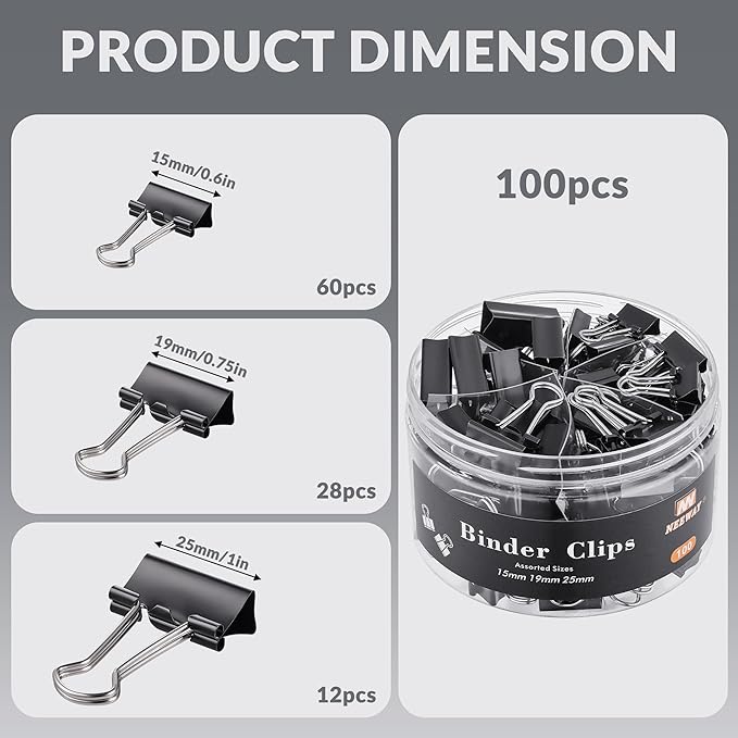 NEEWAY 100 Count Binder Clips Assorted Sizes, Paper Binder Clips, Metal Paper - Image 2