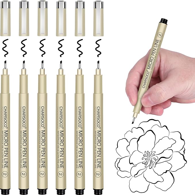 2 Micro Pen, 6 Pack Black Fine Point Pen with Waterproof Archival Ink, 2mm Fineliner Ink Pens for Artist Illustration, Sketching, Anime, Manga, Technical Drawing and Scrapbooking-DeskLoop Office