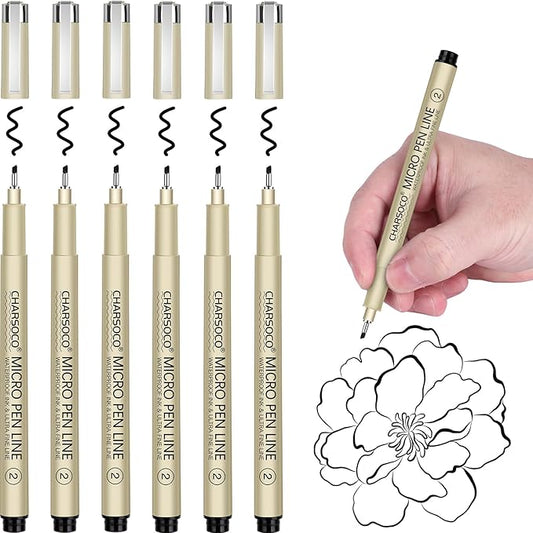 2 Micro Pen, 6 Pack Black Fine Point Pen with Waterproof Archival Ink, 2mm Fineliner Ink Pens for Artist Illustration, Sketching, Anime, Manga, Technical Drawing and Scrapbooking-DeskLoop Office