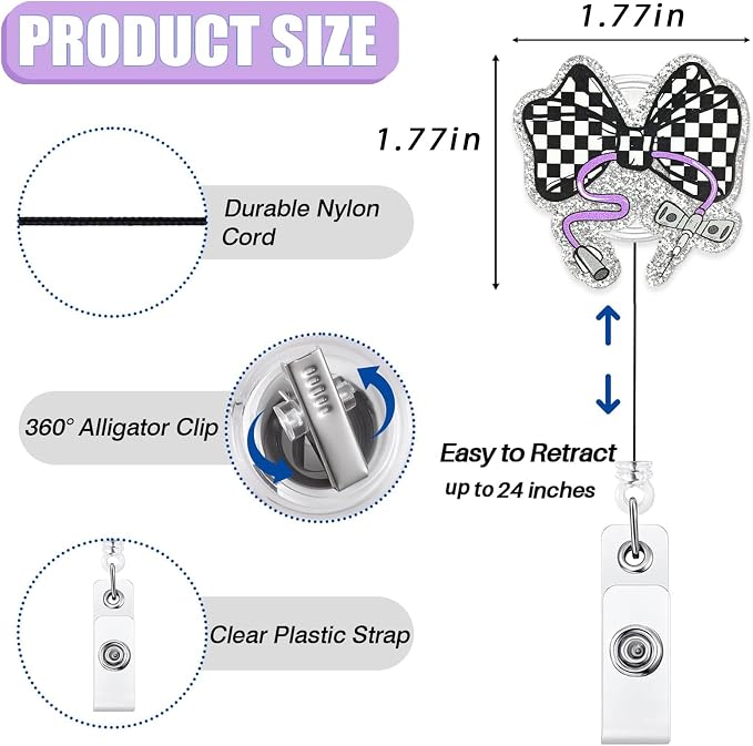 Checkered Bow Phlebotomy Nurse Badge Reel Retractable, Cute Phlebotomist - Image 2