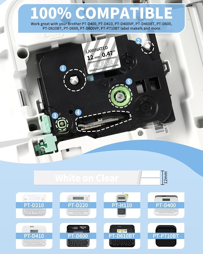 TZe-135 TZe135 TZe TZ Tape White on Clear Replacement - Image 2