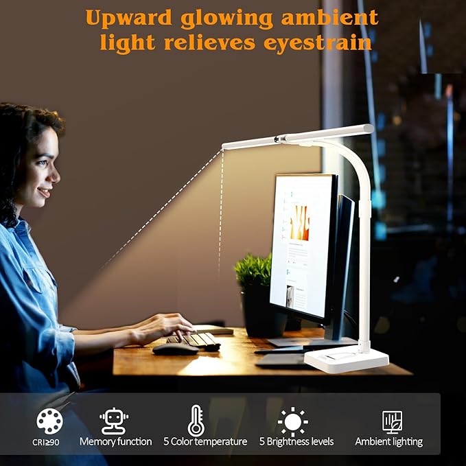 Led Desk Lamp for Home Office,24W Bright Eye-Caring Desk Light with Base,5 Brightness and 5 temperatures Dimmable Workbench Task Light, Adjustable Gooseneck Table Lamp for Monitor(White)-DeskLoop Office