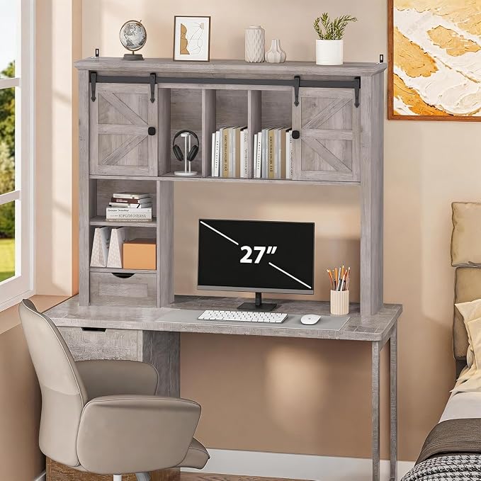 Large Desktop Bookshelf with Sliding Barn Door, 47.2''W Desk Shelf Display Rack - Image 7