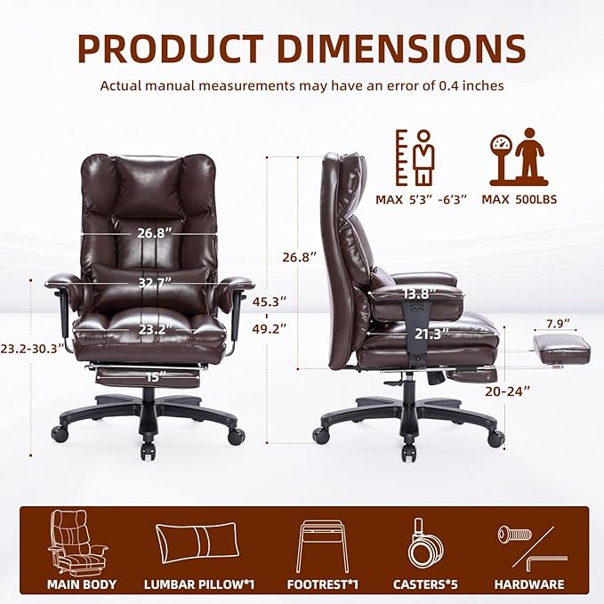Big and Tall Office Chair 500lbs Wide Seat Executive Office Desk Chair High-Back Office Task Chair with Foot Rest, Ergonomic Lumbar Support Computer Office Chairs for Heavy People(Brown)-DeskLoop Office