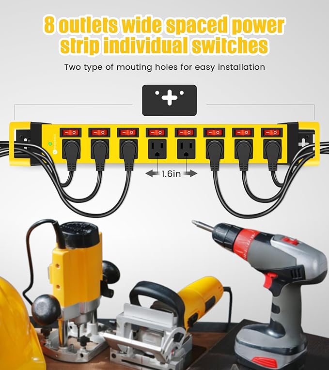 Heavy Duty Power Strip with Individual Switches,8 Outlets 14 Gauge Industrial Shop Garage Metal Multiple Outlets,1200J Surge Protector Mountable Power Strip,6FT Extension Cord Management(Yellow)-DeskLoop Office