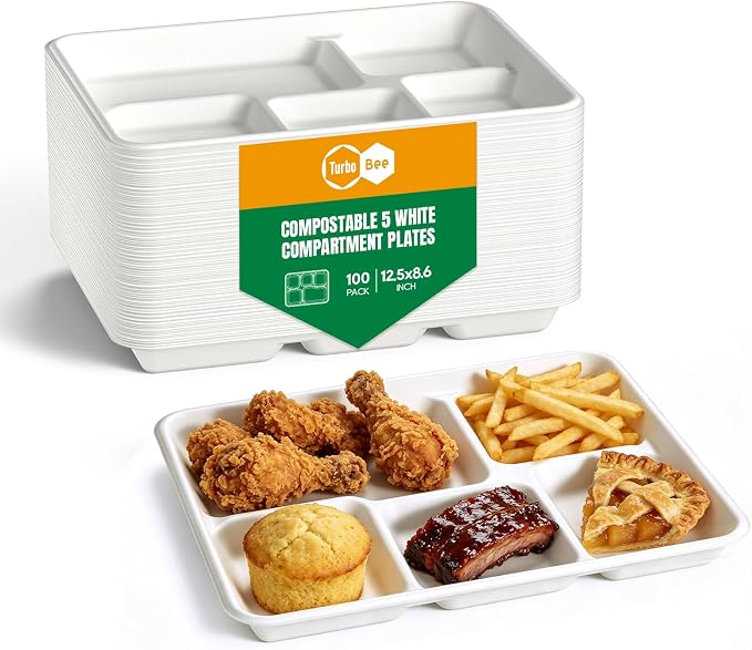 Turbo Bee Disposable 5 Compartment Plates, Heavy Duty Serving Plates by TurboBee