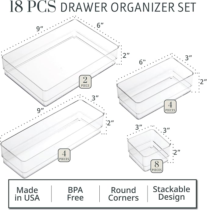 STORi SimpleSort 18-Piece Stackable Clear Drawer Organizer Set | Multi-size - Image 2