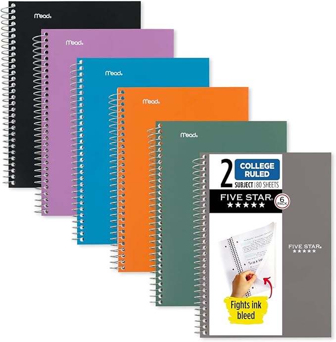 Five Star Spiral Notebooks, 6 Pack, 2 Subject, College Ruled, 9 1/2" x 6" by FiveStar