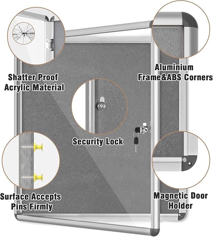 28"x26" Enclosed Bulletin Board, Lockable Weather-Resistant Aluminum Cork Noticeboard for School & Office, Silver Frame w/Grey Flet-DeskLoop Office