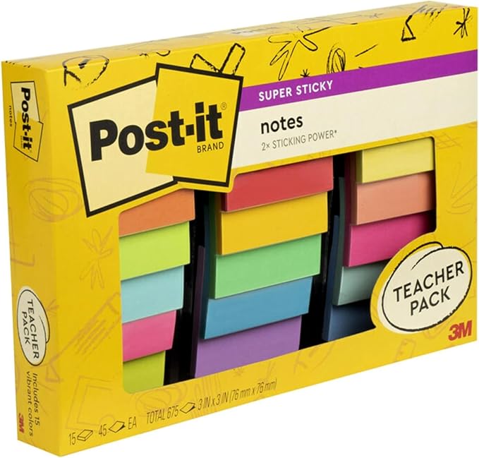 Post-it Super Sticky Notes Teacher Pack, Assorted Colors, 3 in. x 3 in., 15 Pads/Pack, 45 Sheets/Pad (654-15SSBTS-SR)-DeskLoop Office