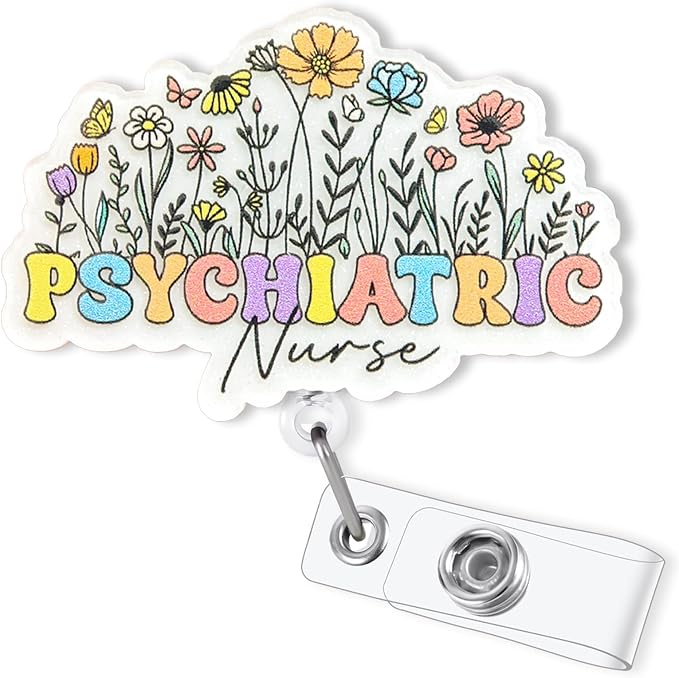 Cute Psychiatric Nurse Badge Reel Retractable, Elegant Floral Psych Nurse by Bydevia
