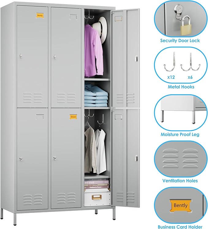 6 Doors Metal Locker with Business Card Holder,Metal Locker for Employees with 18 Hooks for School Garage Office Gym Home,Assembly Required,Light Grey-DeskLoop Office