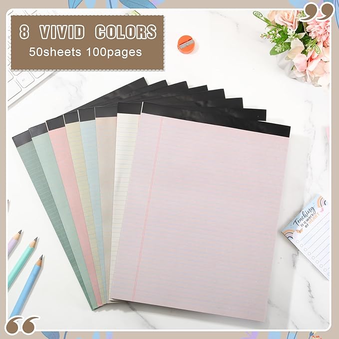 Fuutreo 8 Pcs 8.5'' x 11'' Colored Legal Pad Writing Pads Narrow Ruled 50 Sheets Per Notepad Perforated Writing Notepad Office Supplies for College Office Business (Pastel Color)-DeskLoop Office