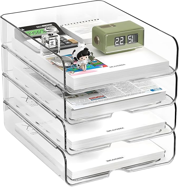 4-Tier Paper Organizer for Desk, Stackable Desk Organizer Paper Tray, Ideal for Office Supplies, A4 Storage (Clear, 4-Tier)-DeskLoop Office
