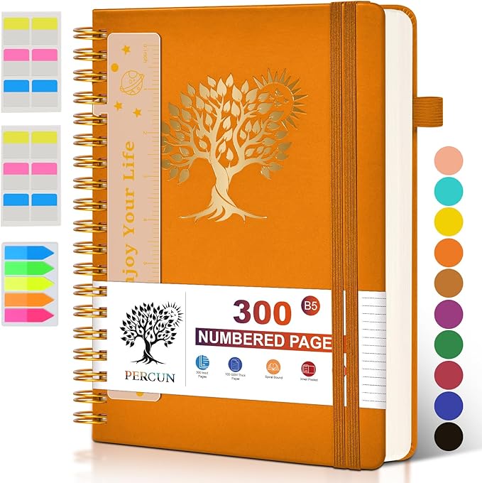 Large Spiral Notebook Journal for Women Men - 300 Numbered Lined Pages, College Ruled,B5 Hardcover Spiral Bound Notebook for School, Work, Note Taking, Writing, Leather Spiral Journal 7"x10"-DeskLoop Office