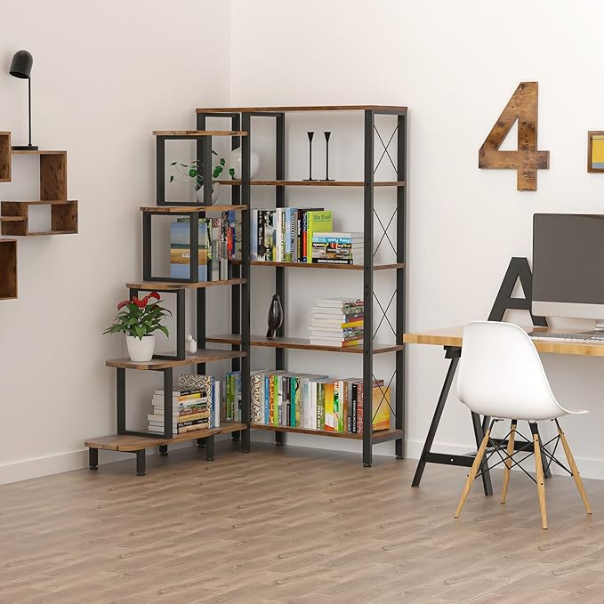 Large Corner Bookshelf Bookcase, Industrial Reversible 5 Tier Ladder Shelves Storage Display Rack with Metal Frame, Modern Home Office Furniture for Living Room Bedroom-DeskLoop Office