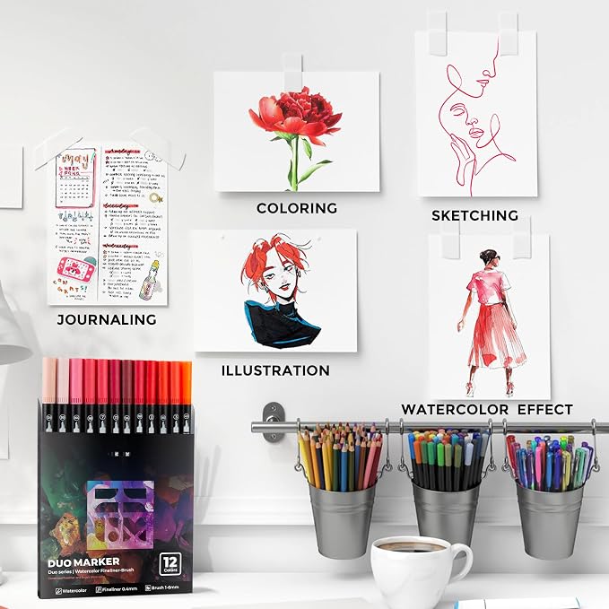ZSCM Red Duo Tip Marker Pens, 12 Pack Fine & Brush Markers - Image 6