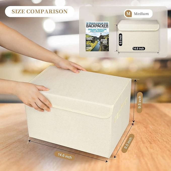Large 22 Quart [4-Pack] Linen Fabric Foldable Storage Bin Cube Organizer Basket with Flip-Top Lid & Handles, Clothes Blanket Box for Home, Office, Closet (14.6 x 9.5 x 9.5, Beige)-DeskLoop Office