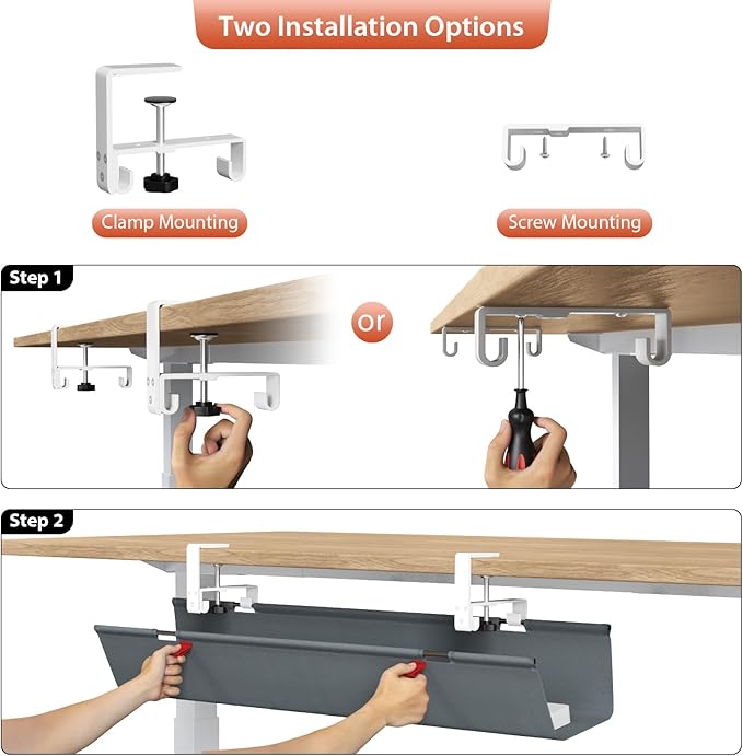 Univivi No Drill Under Desk Cable Management Tray, Clamp/Screw Mount Desk Cable - Image 6