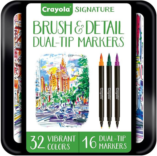 Crayola Brush & Detail Dual Tip Marker Set, 16 Markers, 32 Colors, Adult by Crayola
