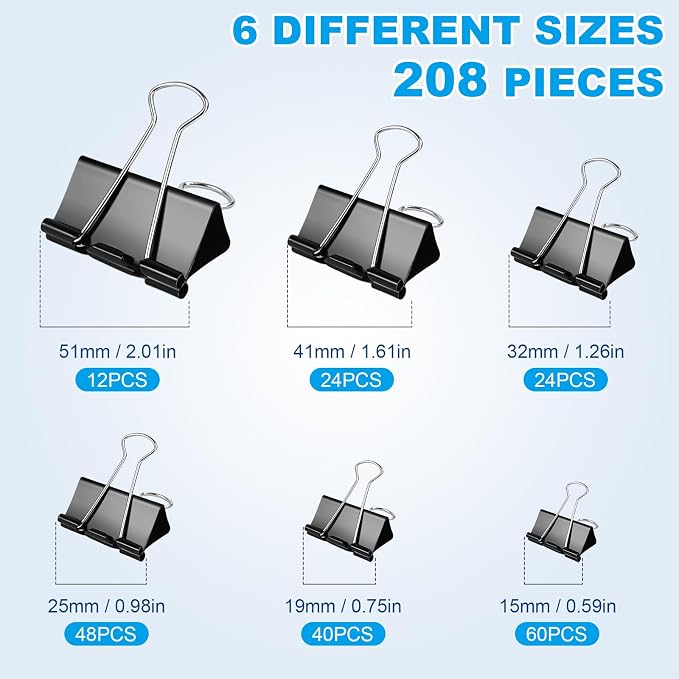 208 PCS 6 Sizes Binder Clips Assorted Sizes Including Extra Large Medium Small - Image 2