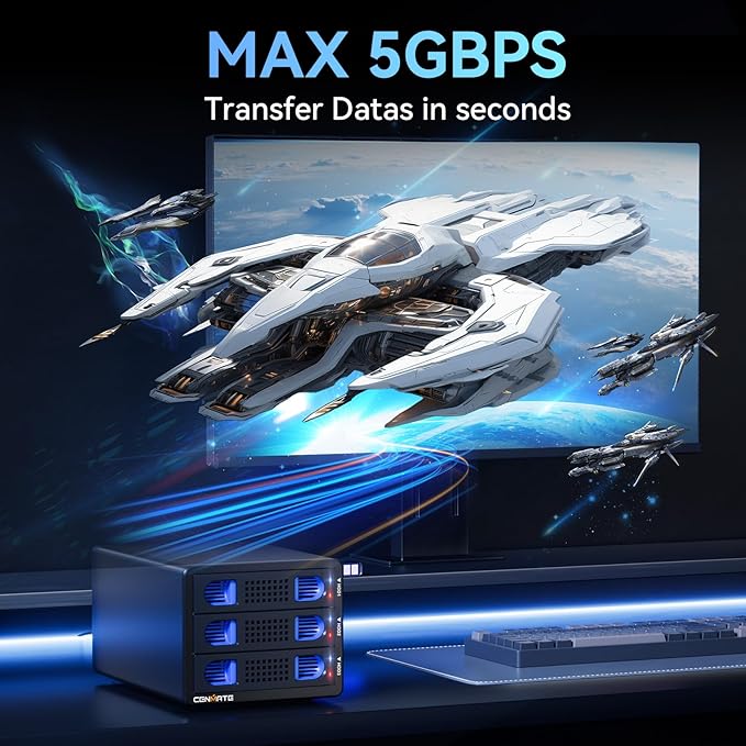 3 Bay Hard Drive Enclosure with Cooling Fan for 2.5“/3.5" SATA HDD/SSD with USB A/C 3.0, Support 60TB, Hot Swappable, Daisy Chain Expansion, Tool-Free HDD Enclosure, DAS(NO RAID/NAS)-DeskLoop Office