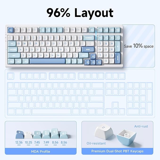 G98 PRO Wireless Gaming Keyboard, Tri-Mode Connection Mechanical Keyboard, Hot Swappable Custom Gasket Structure, Pre-lubed Linear Switches, Double Shot PBT Keycaps, RGB LED Backlit, Blue&White-DeskLoop Office
