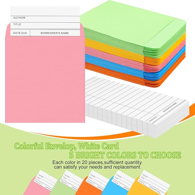 200 Pcs Library Pocket Envelopes and Books Cards Include 100 Self Adhesive - Image 4