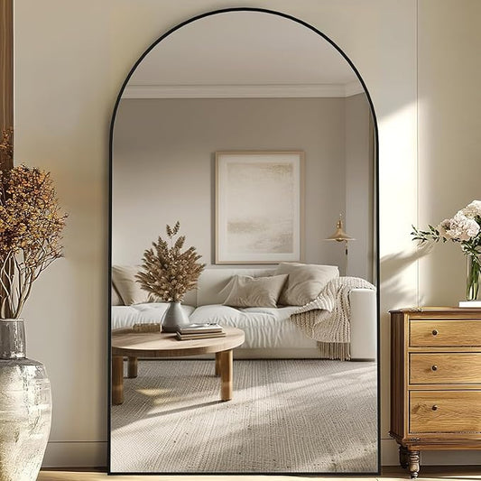 Full Length Mirror, 91"x46" Oversized Floor Mirror Freestanding, Full Body Floor Standing Mirrors with Stand, Hanging Mounted for Bedroom Living Room, Black, Arched Style-DeskLoop Office