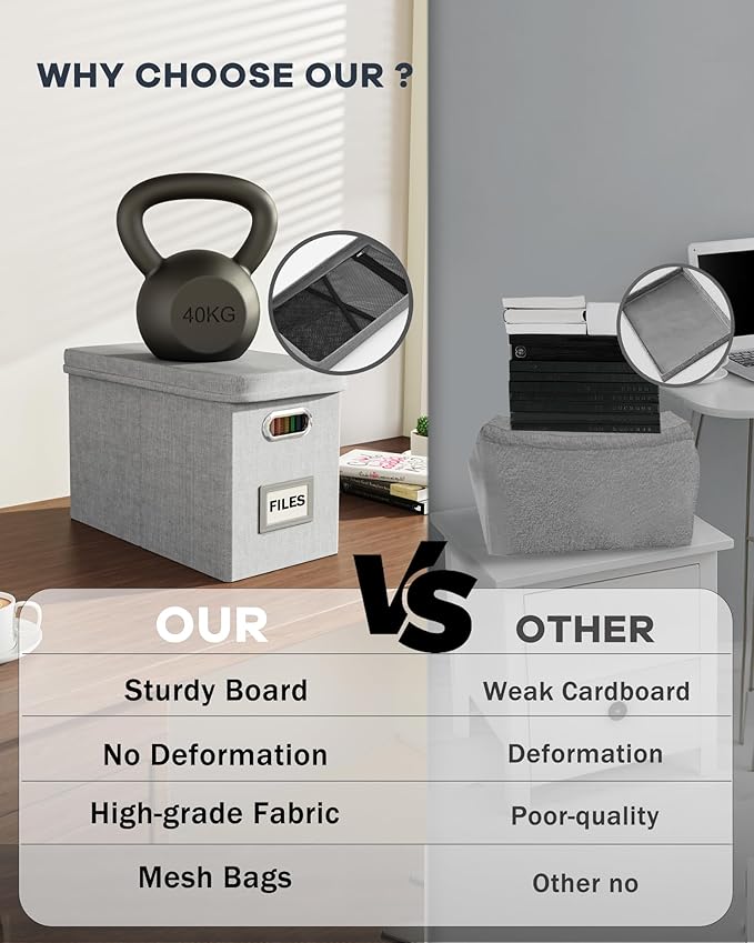 Oterri Hanging Filing File Box with Mesh Pocket, File Organizer Box with Lid, Collapsible Document Organizer Box for Letter Size, Easy Slide Durable Storage Box for Office/Decor/Home (2 PCS, Grey)-DeskLoop Office