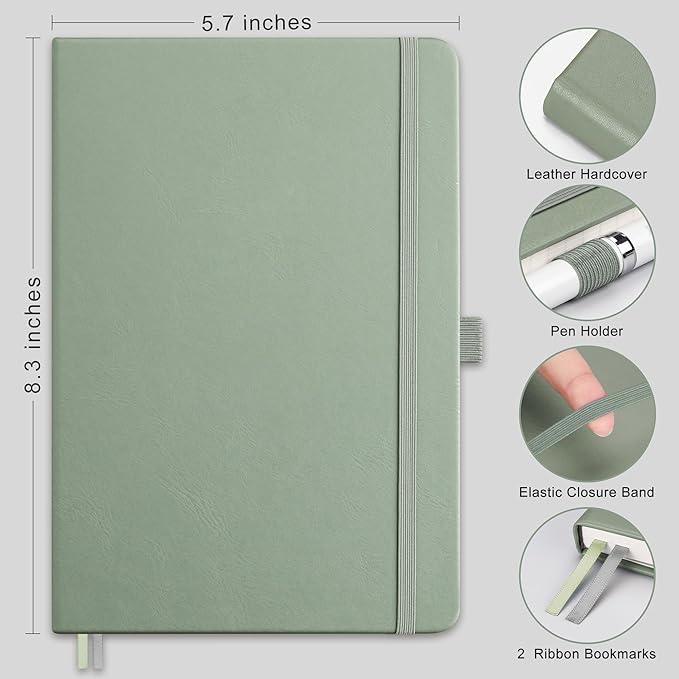 RETTACY Lined Journal Notebook, 192 Numbered Pages, A5 Medium Size (5.7'' x 8.3''), for Men & Women, Journaling, Writing, Work & Office, Leather Hardcover, 100 GSM Thick Paper (Sage Green)-DeskLoop Office