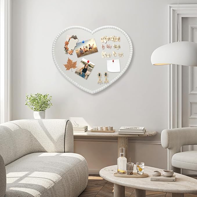 Large Heart Cork Bulletin Board with Linen, 24x19 Inch White Wood Frame Cute Picture Pin Board, Decorative Vision Board for Home Office, Study, Bedroom and Dormitory-DeskLoop Office